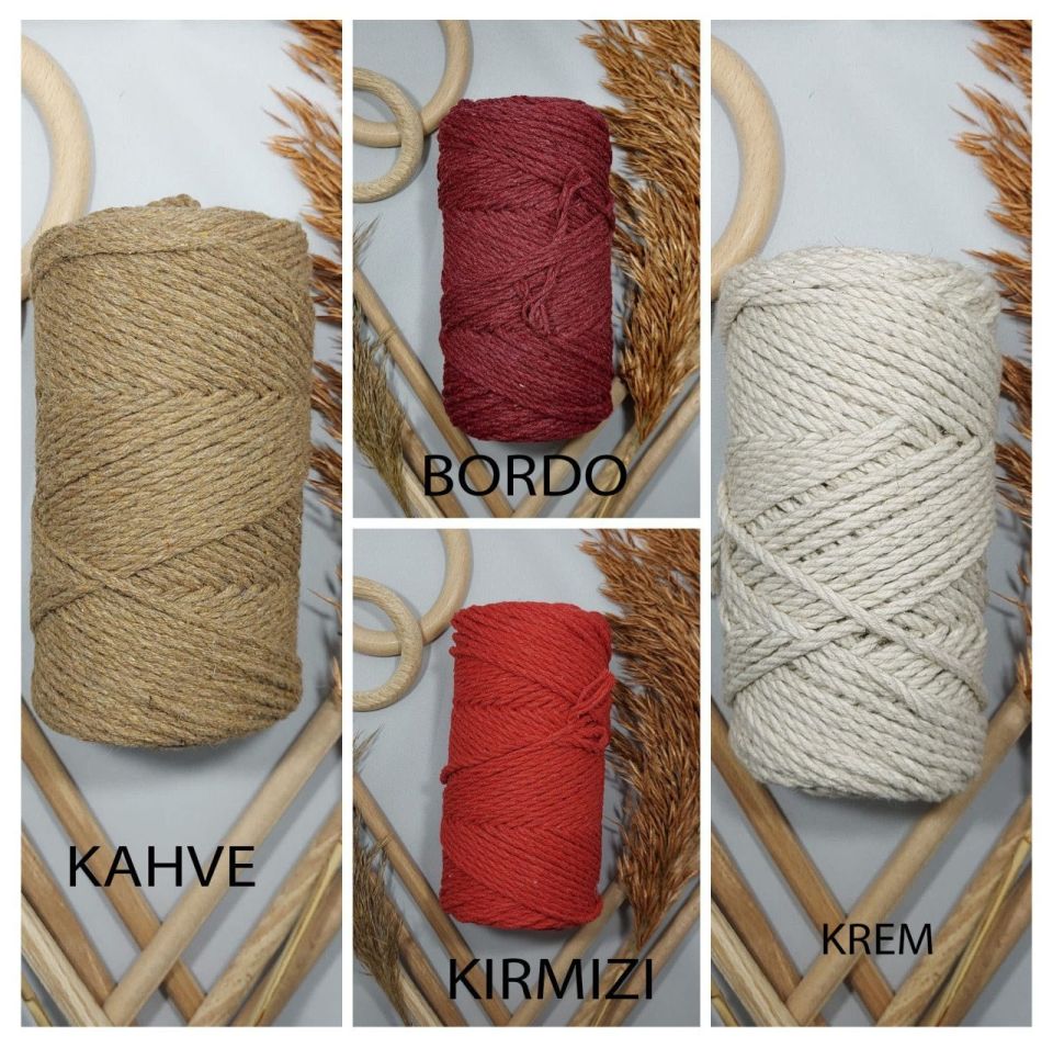 3 MM - 3 BÜKÜM PAMUK MAKROME İPİ CAM GÖBEĞİ